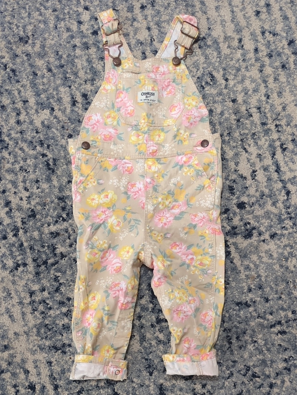 OshKosh B'gosh Tan Floral Girls' Overalls with Pink & Yellow Blossoms